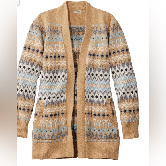 L.L. Bean Sweaters - L.L. Bean L Women Cotton Ragg Khaki Open Cardigan SweaterFair Isle Cozy Long EUC